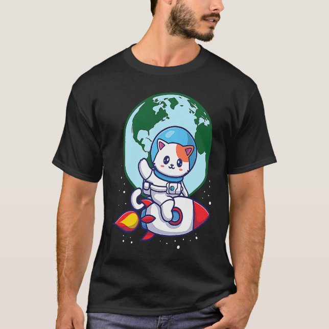 Space Cute Cat Outerspace Rocket Earth T-Shirt (Front)