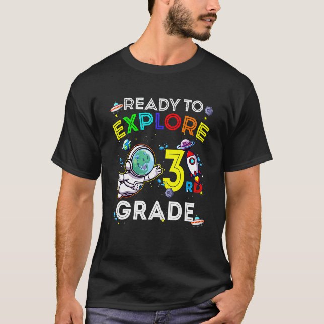 Space Dino Dinosaur Astronaut Ready To Explore 3rd T-Shirt (Front)