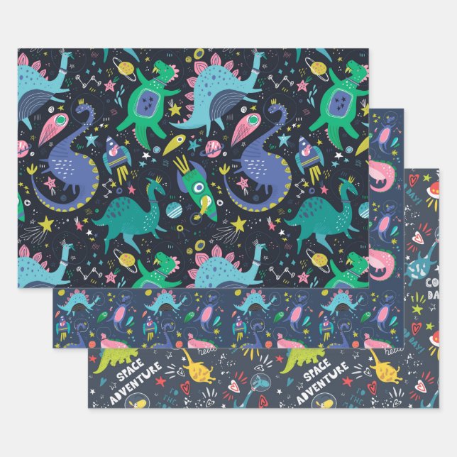 Space Dino Wrapping Paper Flat Sheet Set of 3 (Set)