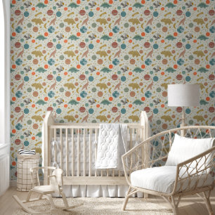 Space Dinosaurs Baby Boy Nursery Cream Pattern Wallpaper