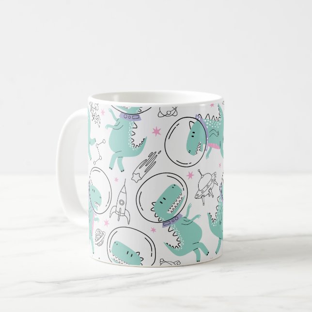 Space Dinosaurs, Cute Dinosaurs, Space Ship, Stars Coffee Mug (Front Left)