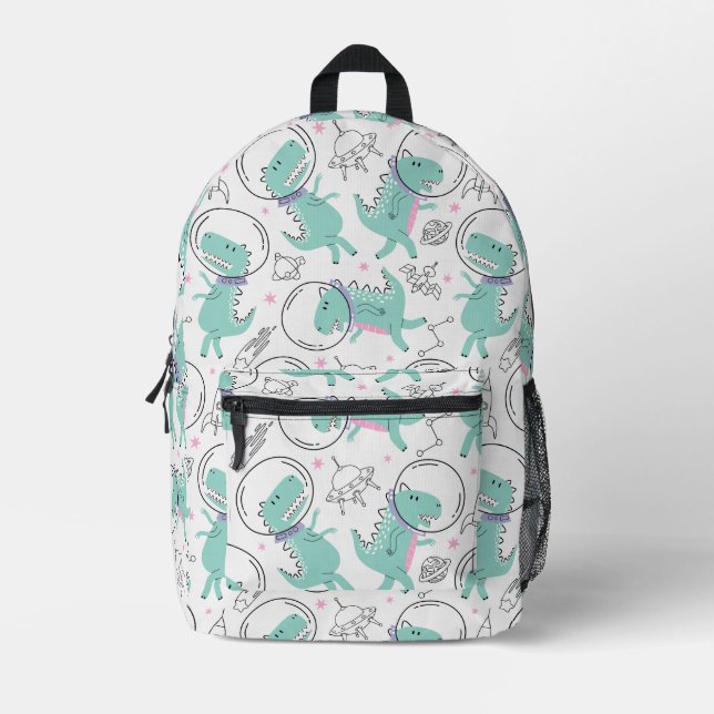 Space Dinosaurs, Cute Dinosaurs, Space Ship, Stars Printed Backpack (Front)
