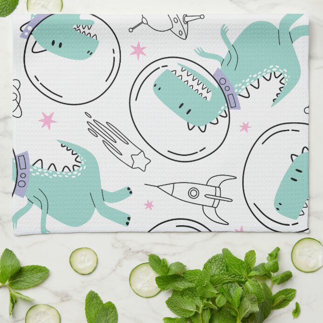 Space Dinosaurs, Cute Dinosaurs, Space Ship, Stars Tea Towel (Folded)