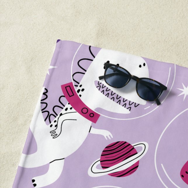 Space Dinosaurs, Cute Dinosaurs, Stars, Space Ship Beach Towel (In Situ)