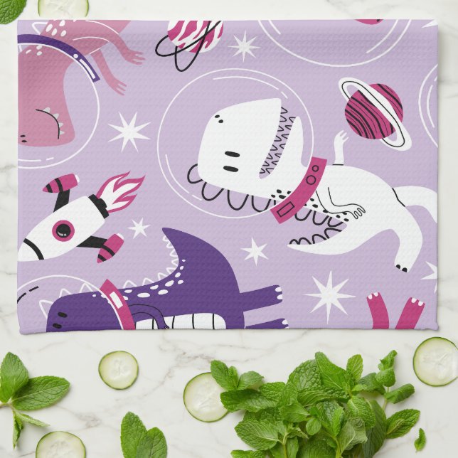 Space Dinosaurs, Cute Dinosaurs, Stars, Space Ship Tea Towel (Folded)