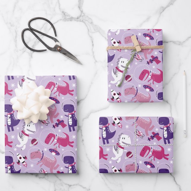 Space Dinosaurs, Cute Dinosaurs, Stars, Space Ship Wrapping Paper Sheet (Front)