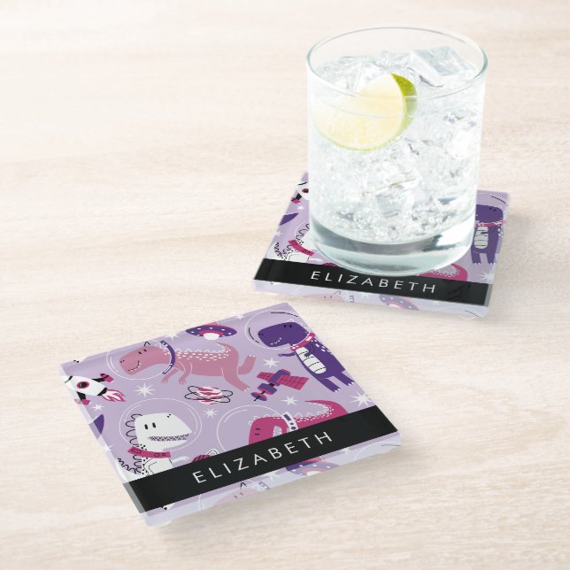 Space Dinosaurs, Cute Dinosaurs, Stars, Your Name Glass Coaster (Angled)