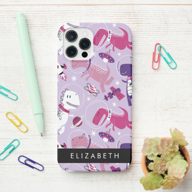 Space Dinosaurs, Cute Dinosaurs, Stars, Your Name iPhone Case (On Desk)