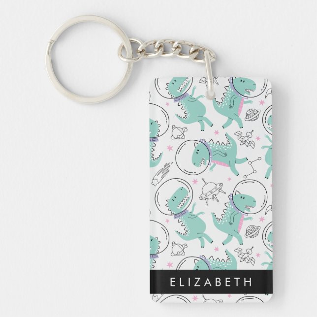 Space Dinosaurs, Cute Dinosaurs, Stars, Your Name Key Ring (Front)