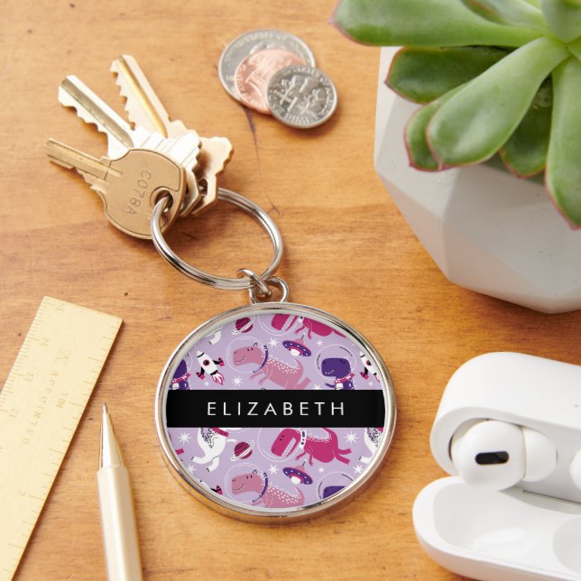 Space Dinosaurs, Cute Dinosaurs, Stars, Your Name Key Ring (Desk)