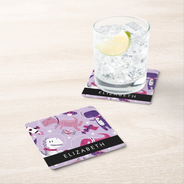 Space Dinosaurs, Cute Dinosaurs, Stars, Your Name Square Paper Coaster (Insitu)