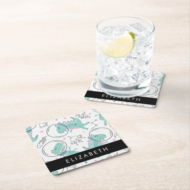 Space Dinosaurs, Cute Dinosaurs, Stars, Your Name Square Paper Coaster (Insitu)