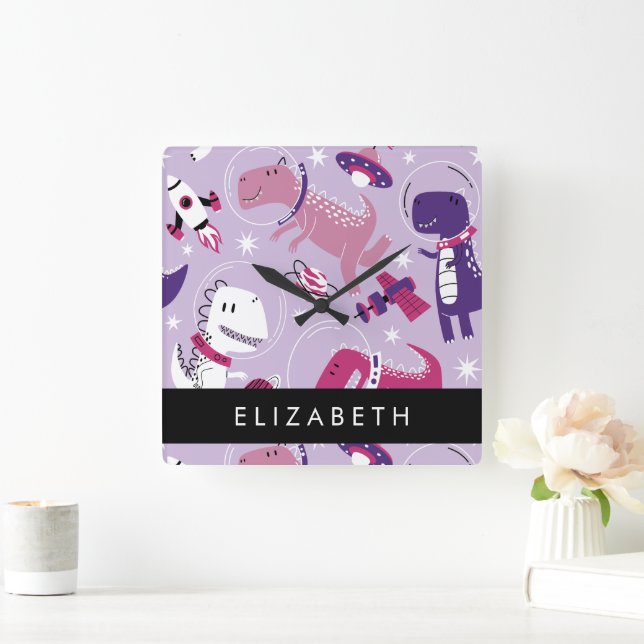 Space Dinosaurs, Cute Dinosaurs, Stars, Your Name Square Wall Clock (Home)