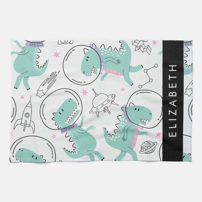 Space Dinosaurs, Cute Dinosaurs, Stars, Your Name Tea Towel (Horizontal)