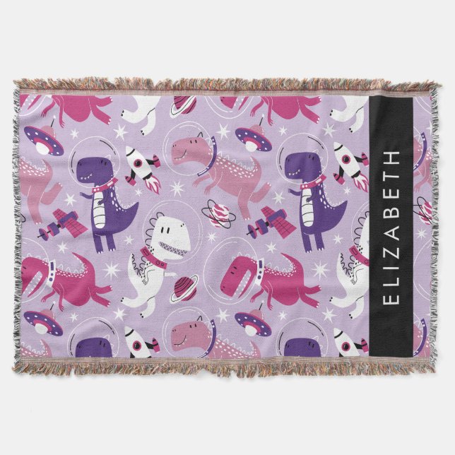 Space Dinosaurs, Cute Dinosaurs, Stars, Your Name Throw Blanket (Front)