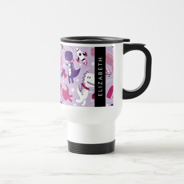 Space Dinosaurs, Cute Dinosaurs, Stars, Your Name Travel Mug (Right)