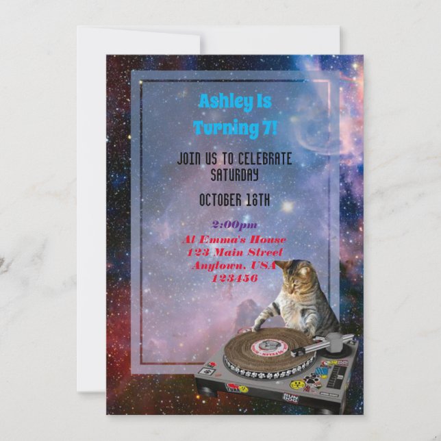 Space Dj Cat Funny Invitation (Front)