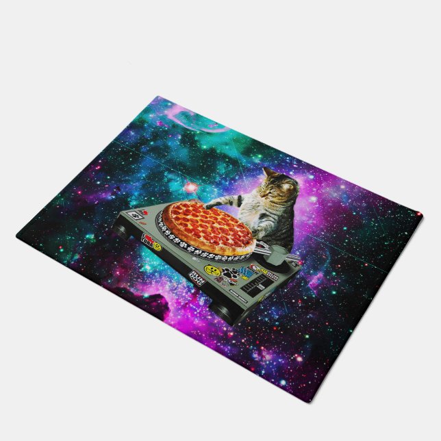 Space dj cat pizza doormat (Angled)