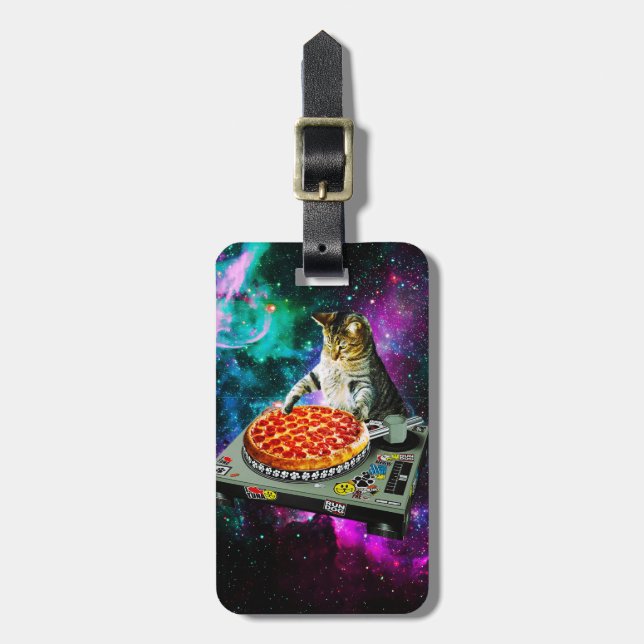 Space dj cat pizza luggage tag (Front Vertical)
