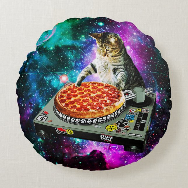 Space dj cat pizza round cushion (Front)