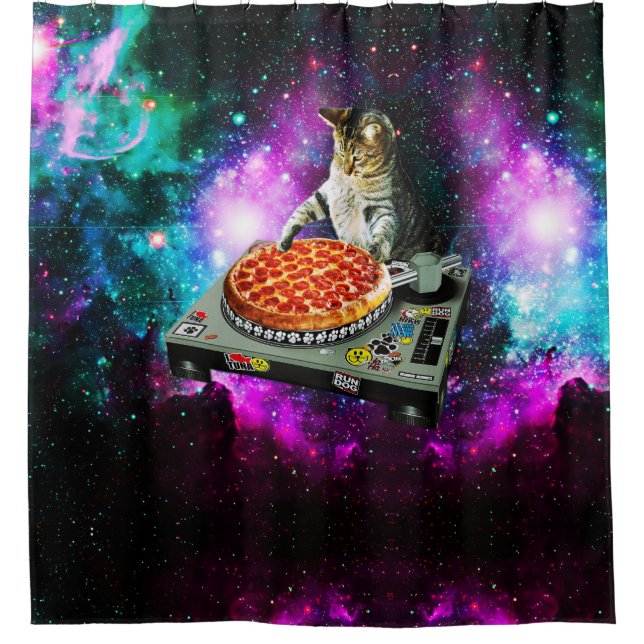 Space dj cat pizza shower curtain (Front)