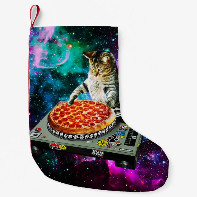 Space dj cat pizza small christmas stocking (Front)