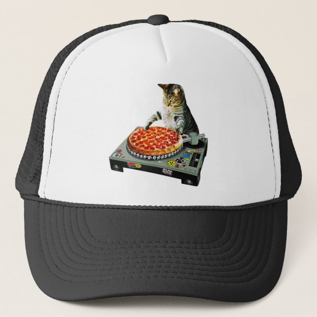 Space dj cat pizza trucker hat (Front)