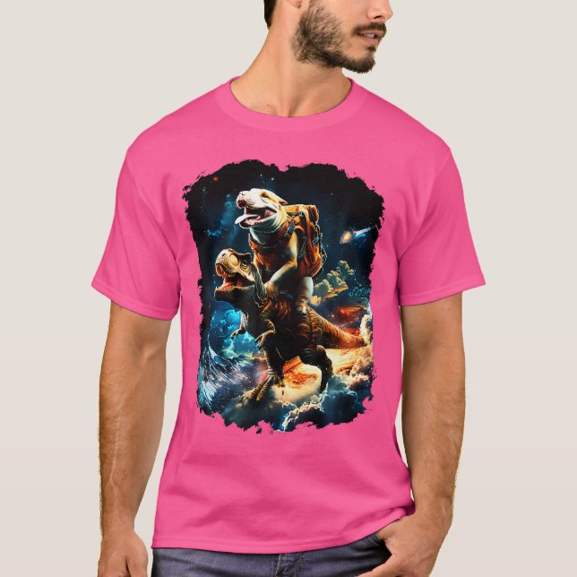 Space Dog Lover Riding Dinosaur T Rex T-Shirt (Front)