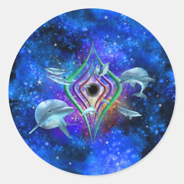 Space dolphins Blue Galaxy Nebula Classic Round Sticker (Front)