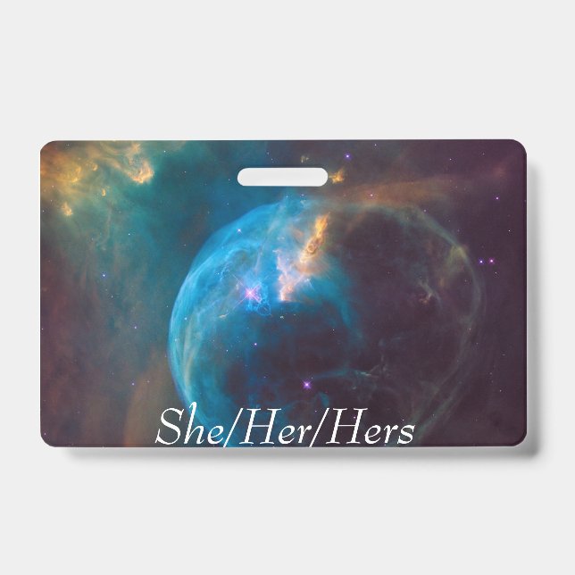 Space double sided pronoun badge (she/her/hers) ID badge (Front)