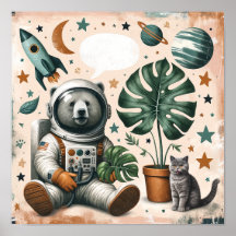 Space Explorer Bear and Cat Kids Room Wall Art