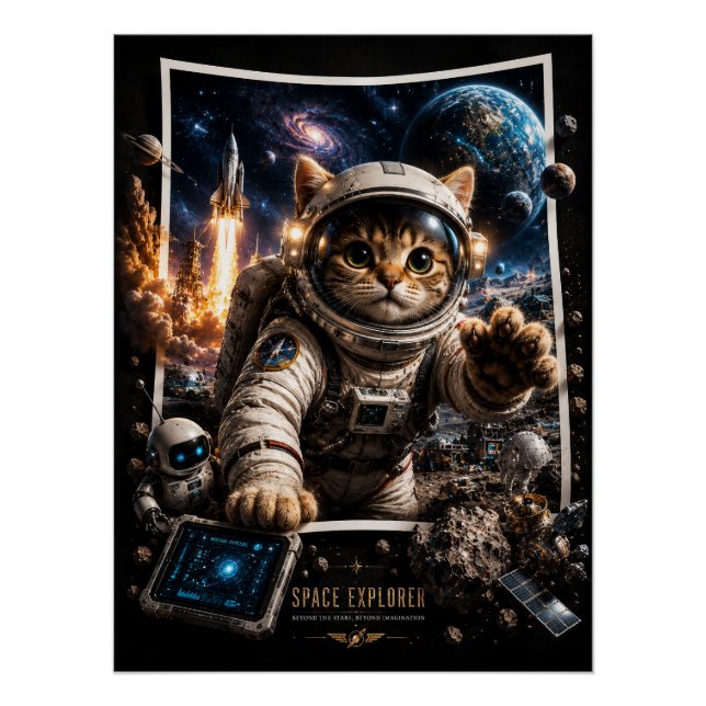 Space Explorer Cat 3D Pop-Up  Poster glossy (Front)