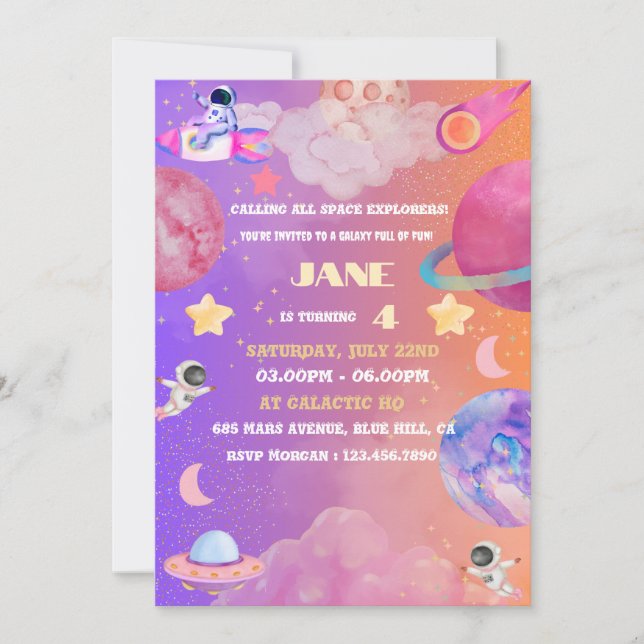 Space Explorer Girl Birthday Invitation – Editable (Front)