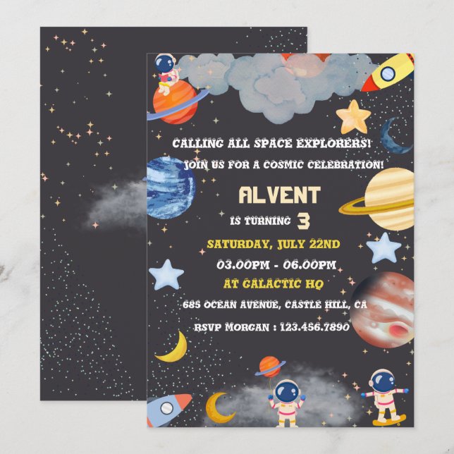 Space Explorers Birthday Invitation for Kids (Front/Back)