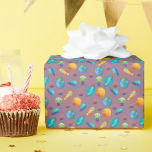 Space Explorers on Dark Grey-Pink Wrapping Paper