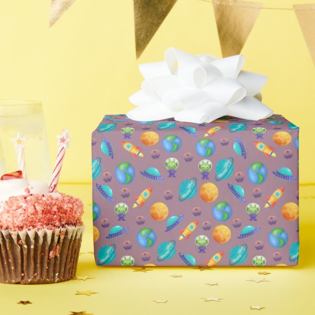 Space Explorers on Dark Grey-Pink Wrapping Paper (Birthday Party)