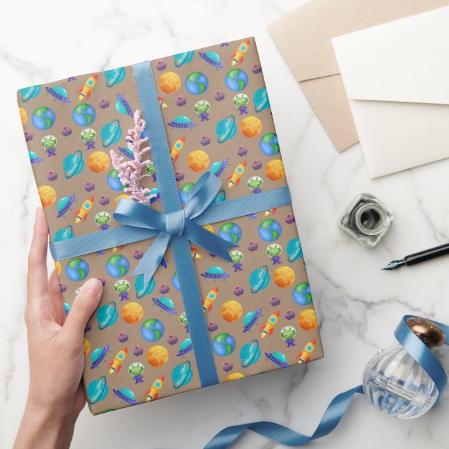 Space Explorers on Light Brown Wrapping Paper (Gifting)