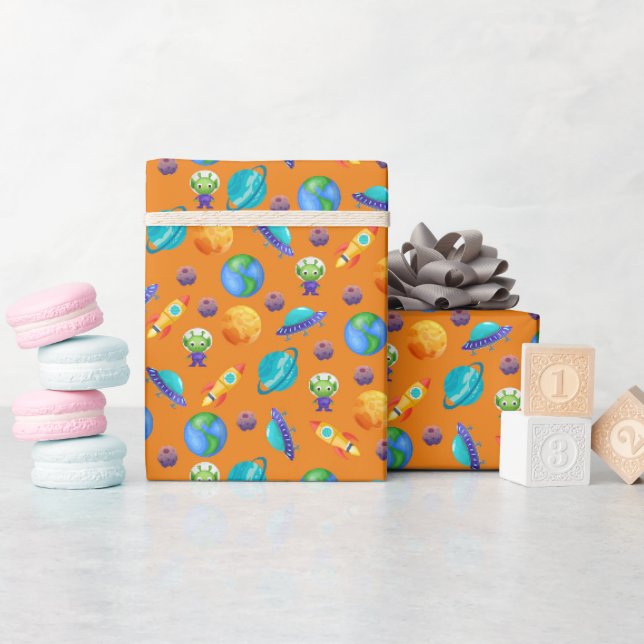 Space Explorers on Orange Wrapping Paper (Baby Shower)