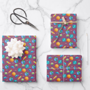 Space Explorers on Ruby Purple Wrapping Paper Sheet