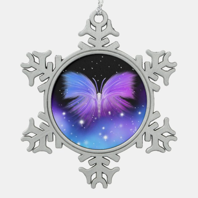Space Fantasy Butterfly Cosmic Snowflake Pewter Christmas Ornament (Front)