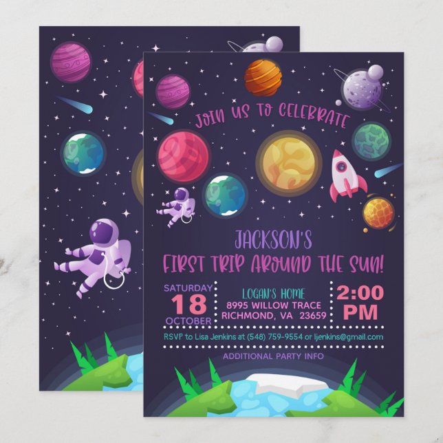 Space First Birthday Invitation - First Trip Girl (Front/Back)