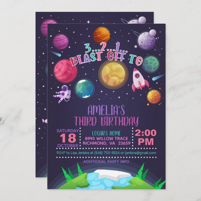 Space First Birthday Invitation - Girl - Blast Off (Front/Back)