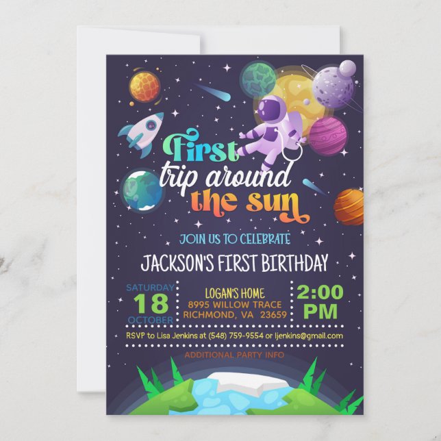 Space First Trip Around the Sun Birthday  Invitation (Front)
