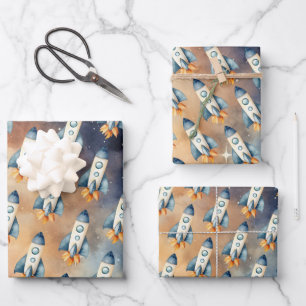 Space First Trip Around The Sun Birthday Rocket Wrapping Paper Sheet