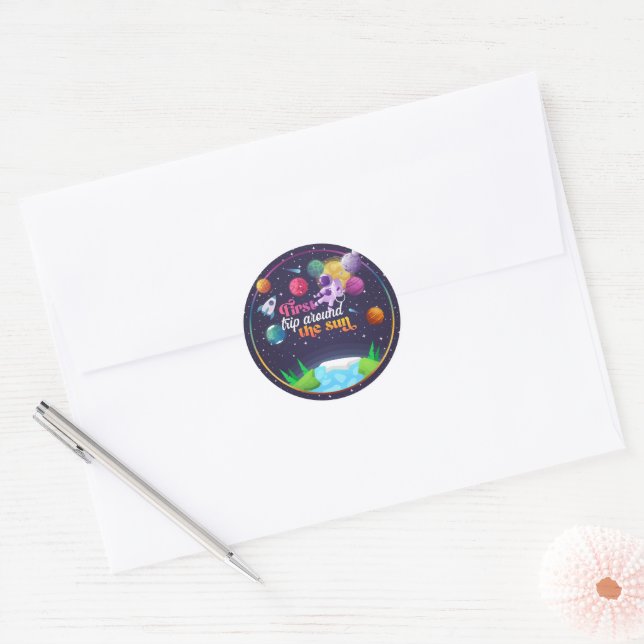Space First Trip Around the Sun Girl Classic Round Sticker (Envelope)