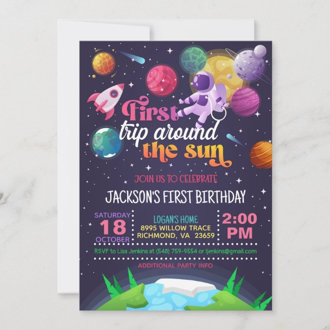 Space First Trip Around the World (Girl)  Invitation (Front)