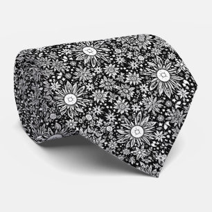 Space Flowers Floral Black and White Pattern Tie