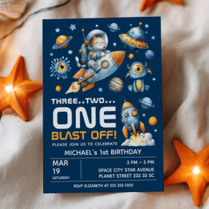 Space Galaxy Astronaut Cat Blast Off 1st Birthday Invitation