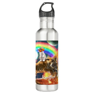 Space Galaxy Cat Riding Tiger on Pizza 710 Ml Water Bottle
