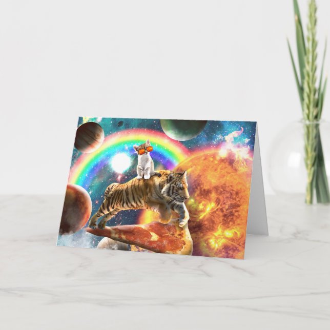 Space Galaxy Cat Riding Tiger on Pizza             Card (Front)